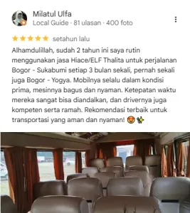 Screenshot testimoni pelanggan tentang layanan sewa mobil Semarang Thalita Rentcar