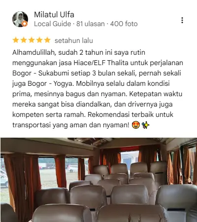 Screenshot testimoni pelanggan tentang layanan sewa mobil Semarang Thalita Rentcar